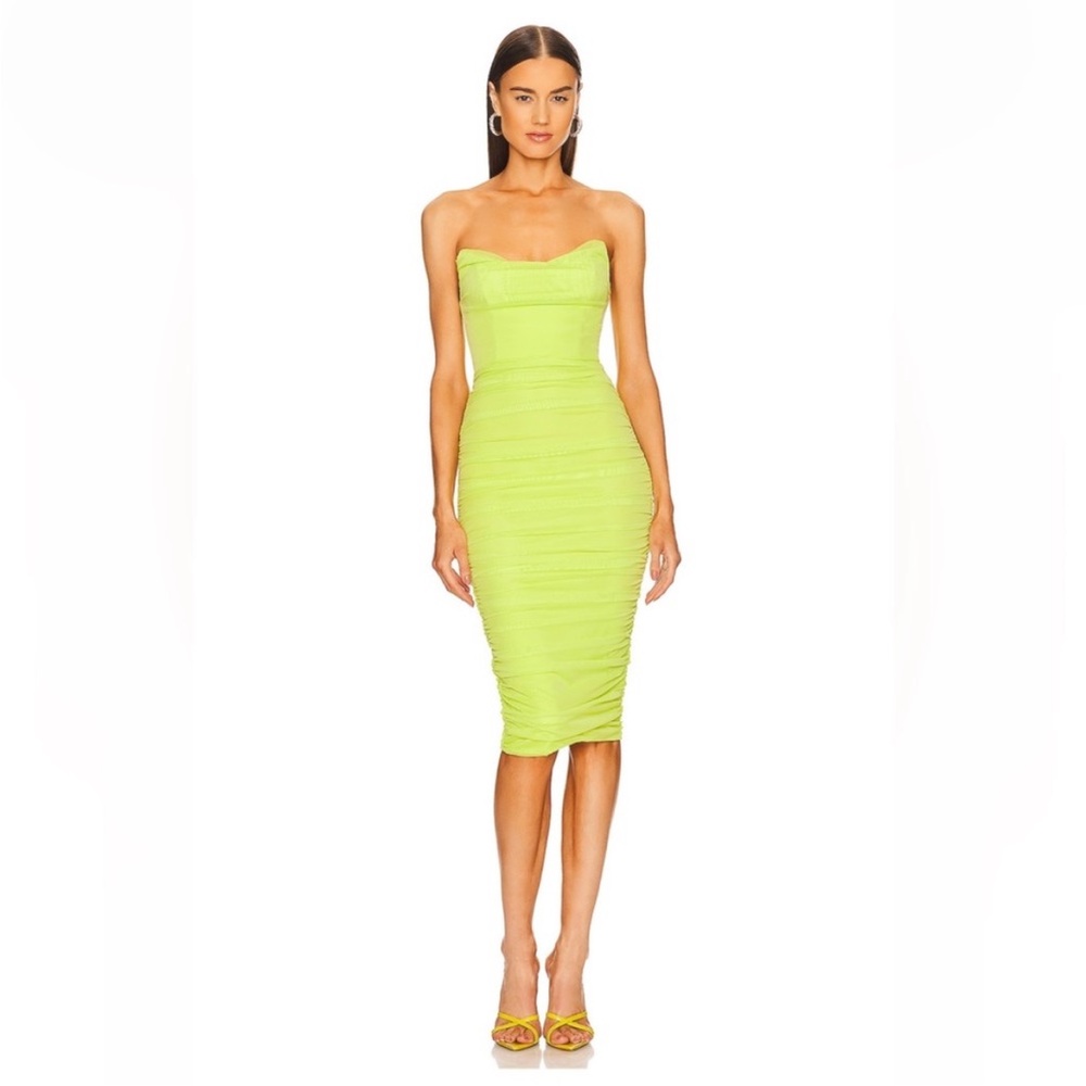 Strapless Ruched Bodycon Dress in Neon Lime